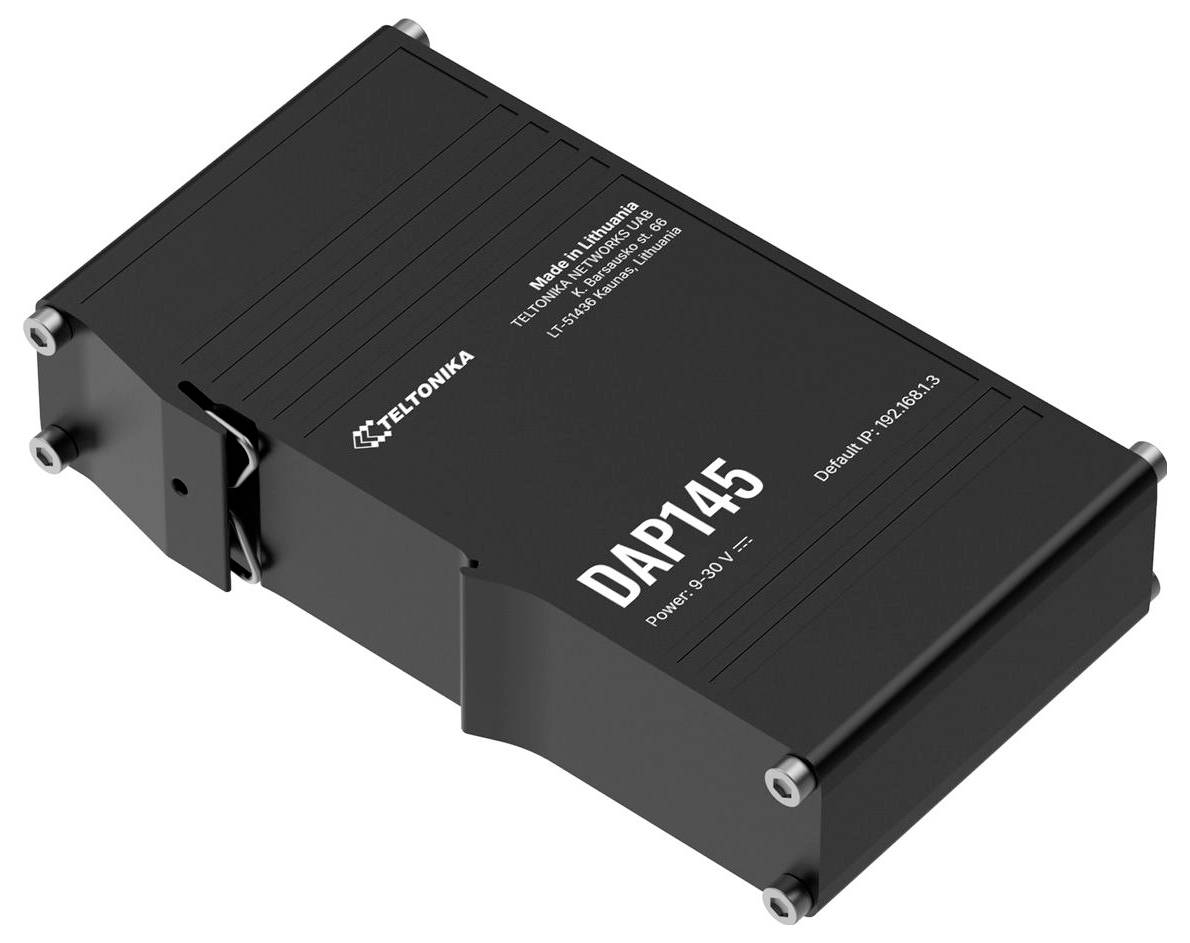 Schwarzes Teltonika DAP145 Industriegerät, gezeigt in einer produktstilisierten Seitenansicht auf weißem Hintergrund.