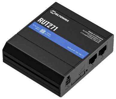 Schwarzer Teltonika RUT271 Industrie-Router mit zwei Ethernet-Anschlüssen und beschrifteter Gerätemodellbezeichnung auf der Oberseite.