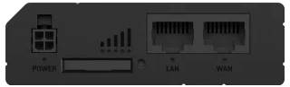 Rückansicht eines Netzwerkgeräts mit einer Stromeingangsanschluss, einem Statusanzeige-Steckplatz und zwei Ethernet-Anschlüssen, die mit LAN und WAN gekennzeichnet sind.