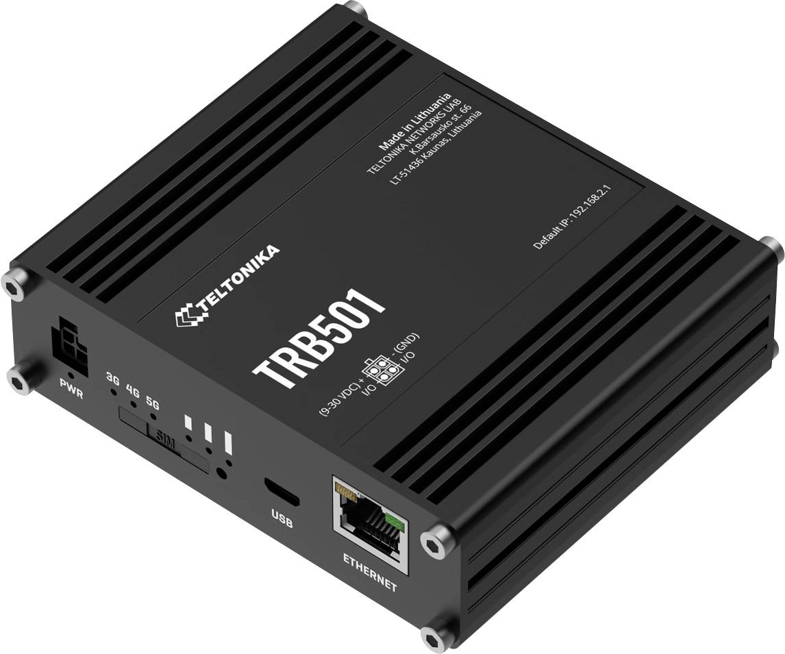 Teltonika TRB501 industrielles Cellular-Gateway mit Ethernet-, USB-, Stromversorgungs- und Statusanschlüssen auf weißem Hintergrund.