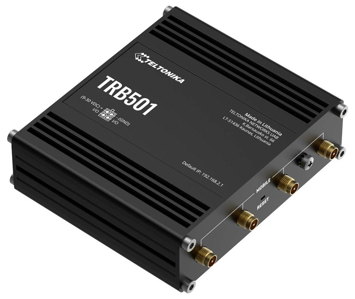 Schwarzes Teltonika TRB501 industrielles 5G-Router/Modem mit mehreren Antennensteckern und Statusanzeigen auf der Frontplatte.