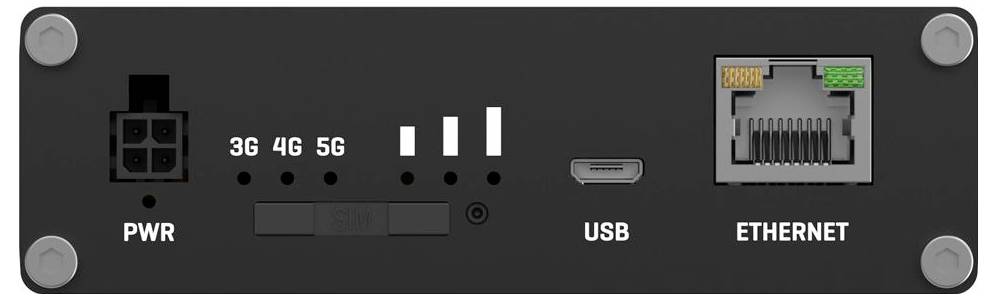 Vorderansicht eines Gerätepanels mit Stromversorgungs- und Netzwerkports: PWR, 3G/4G/5G-Indikatoren, USB und ETHERNET-Buchse.