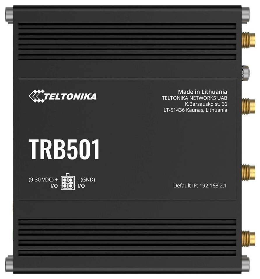 Teltonika TRB501 Industrie-Router/Modem mit Antennen und Anschlüssen, gekennzeichnet mit Standard-IP 192.168.2.1.