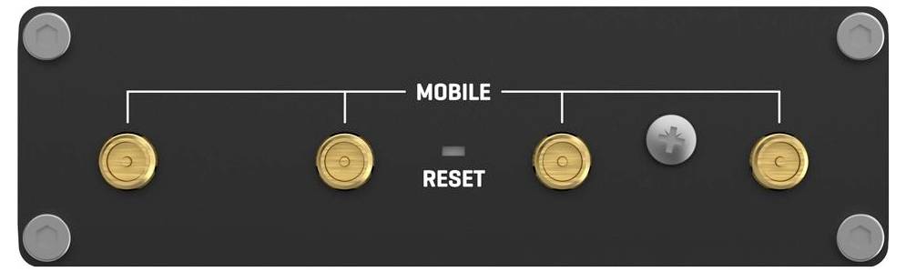 Diagramm einer Geräteplatte mit der Bezeichnung MOBILE und RESET, das vier goldene Anschlüsse, einen silbernen Knopf und vier Befestigungsschrauben in den Ecken zeigt.