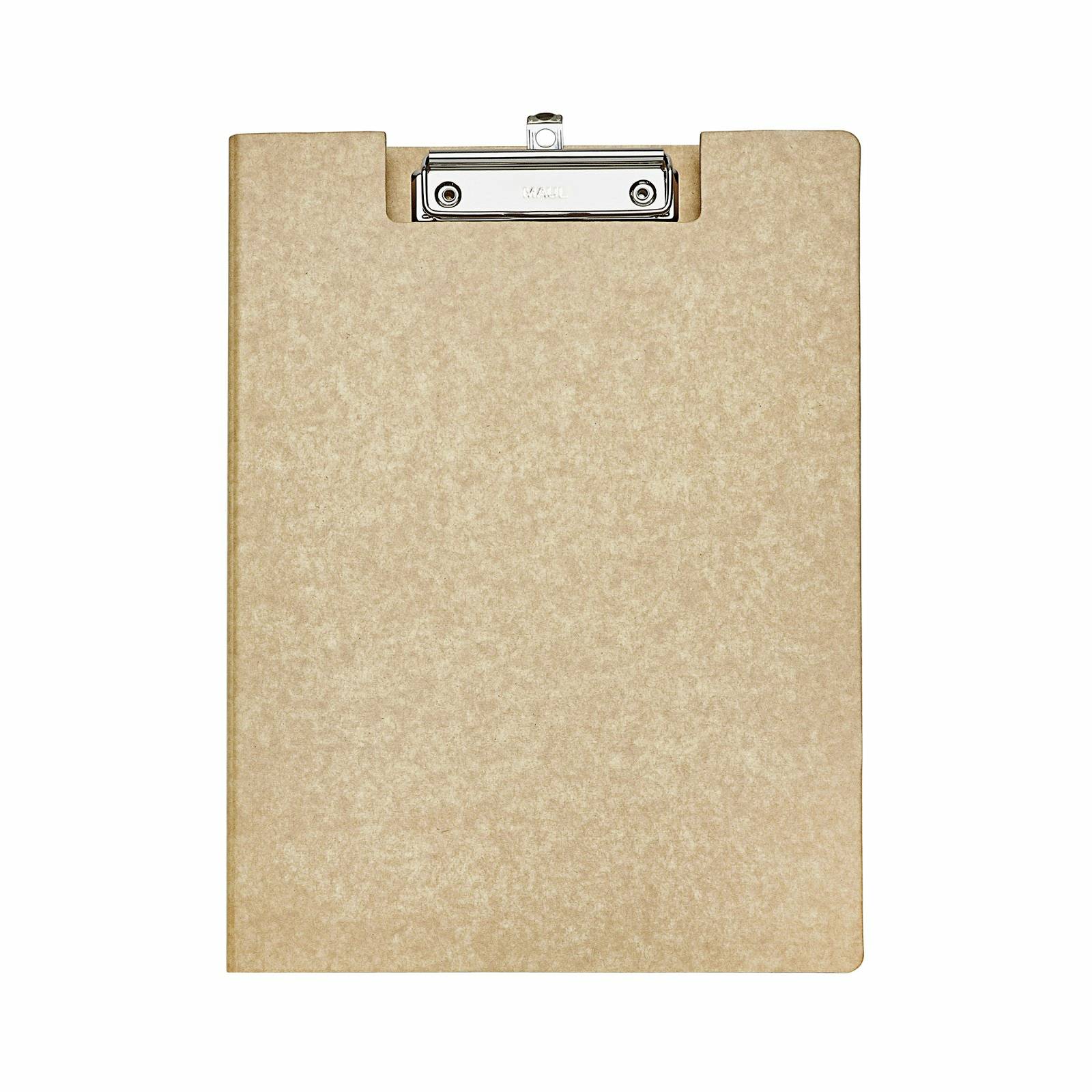 Eine braune Klemmbrett mit einer Metallklammer, die ein leeres Blatt Papier hält.
