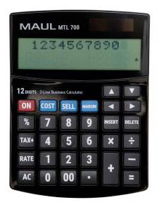 Schwarzer 12-stelliger Geschäftsrechner mit Solarpanel, LCD-Display zeigt 1234567890 an und große Funktions- und Zahlentasten.