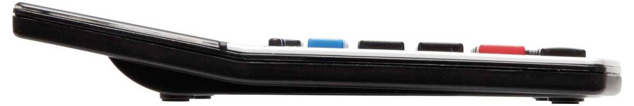 Seitenansicht einer schlanken schwarzen Fernbedienung mit Tasten entlang der oberen Kante, einschließlich blauer und roter Tasten.