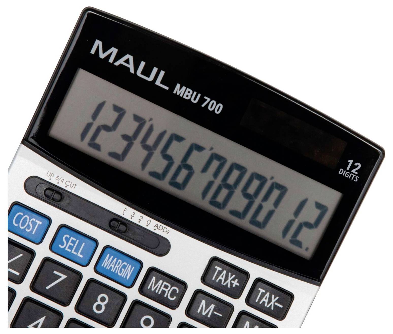 Nahaufnahme eines MAUL MBU 700-Rechners, der eine lange Zahl auf seinem 12-stelligen Display anzeigt, mit sichtbaren Tasten für Kosten, Verkauf, Marge und Steuern.