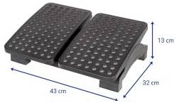Schwarzes rechteckiges Fußschemel oder Stufenplattform mit strukturierter Oberfläche, gezeigt mit den Abmessungen 43 cm breit, 32 cm tief und 13 cm hoch.