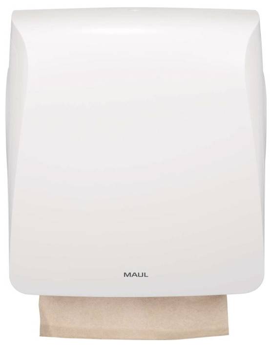 Weiß montierter Wandpapierhandtuchspender mit einem beigen Handtuch, das teilweise herausgezogen ist, und MAUL-Logo auf der Vorderseite.
