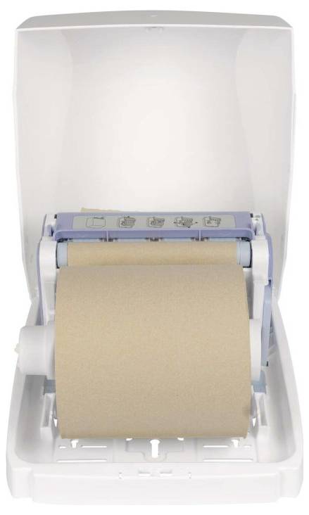 Tragbarer Papierspender mit einer großen Rolle braunes Papier, die in einer transparenten Kunststoffhülle geladen ist.