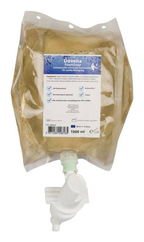 1000 ml Beutel von 'Dovena' Schaumseife mit Dosierventil, gezeigt in Verpackung zur Handwasch-Hygiene.
