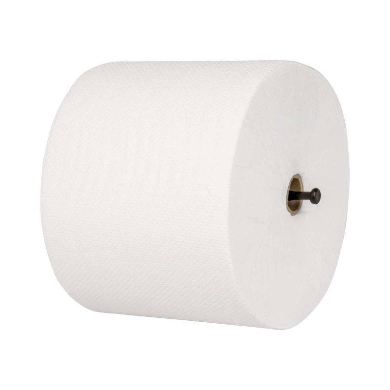 Eine große weiße Papiertuchrolle auf einfachem Hintergrund, dargestellt mit sichtbarer Pappe und zentralem Loch.