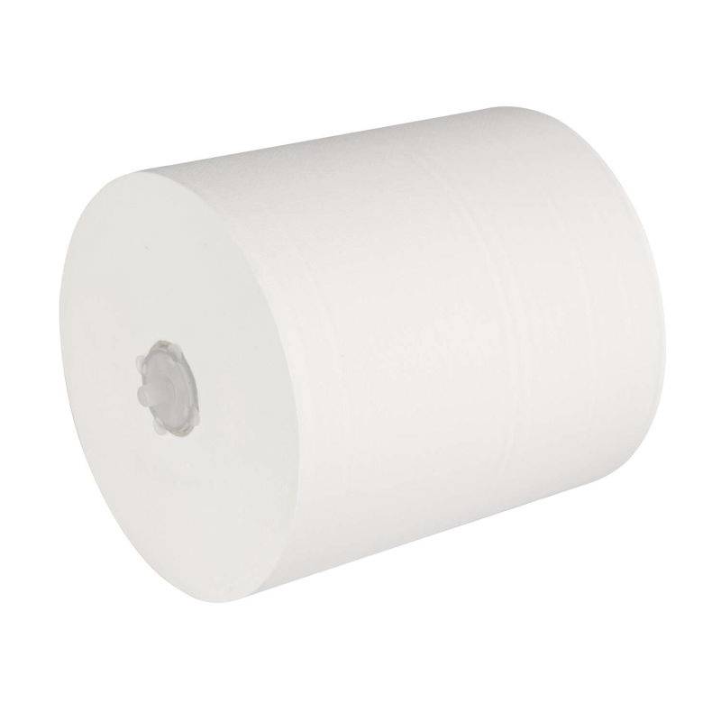 Weiße zylindrische Papierrolle mit hohlem Kern, in Perspektive auf einfachem Hintergrund dargestellt.