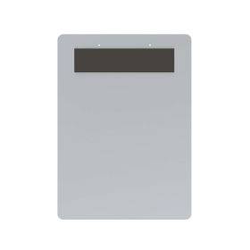 Ein graues rechteckiges Gerät oder Panel mit einem dunklen horizontalen Display in der Nähe der Oberseite.