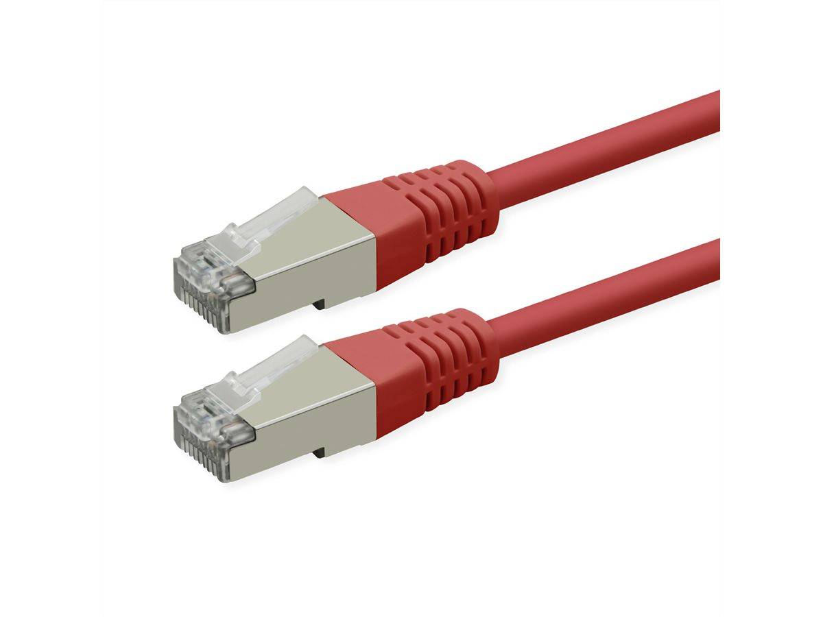 Zwei rote Ethernet-Netzwerkkabel mit RJ45-Steckern auf weißem Hintergrund.