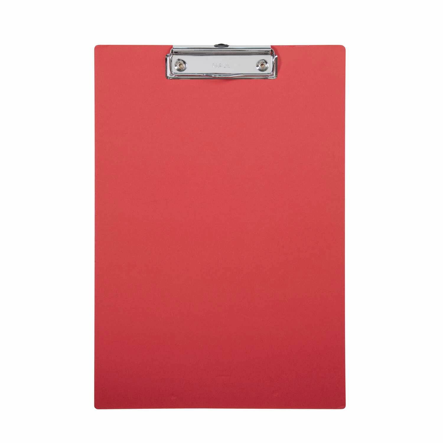 Rotes Klemmbrett mit einem Metallclip oben, isoliert auf weißem Hintergrund.