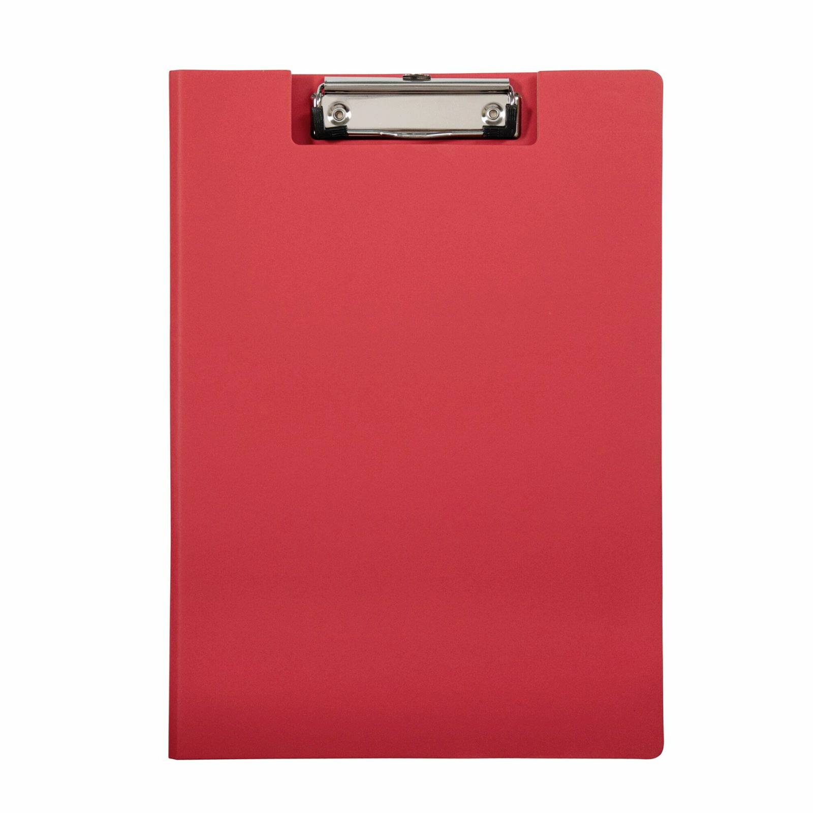 Rote Zwischenablage mit Metallclip auf weißem Hintergrund.