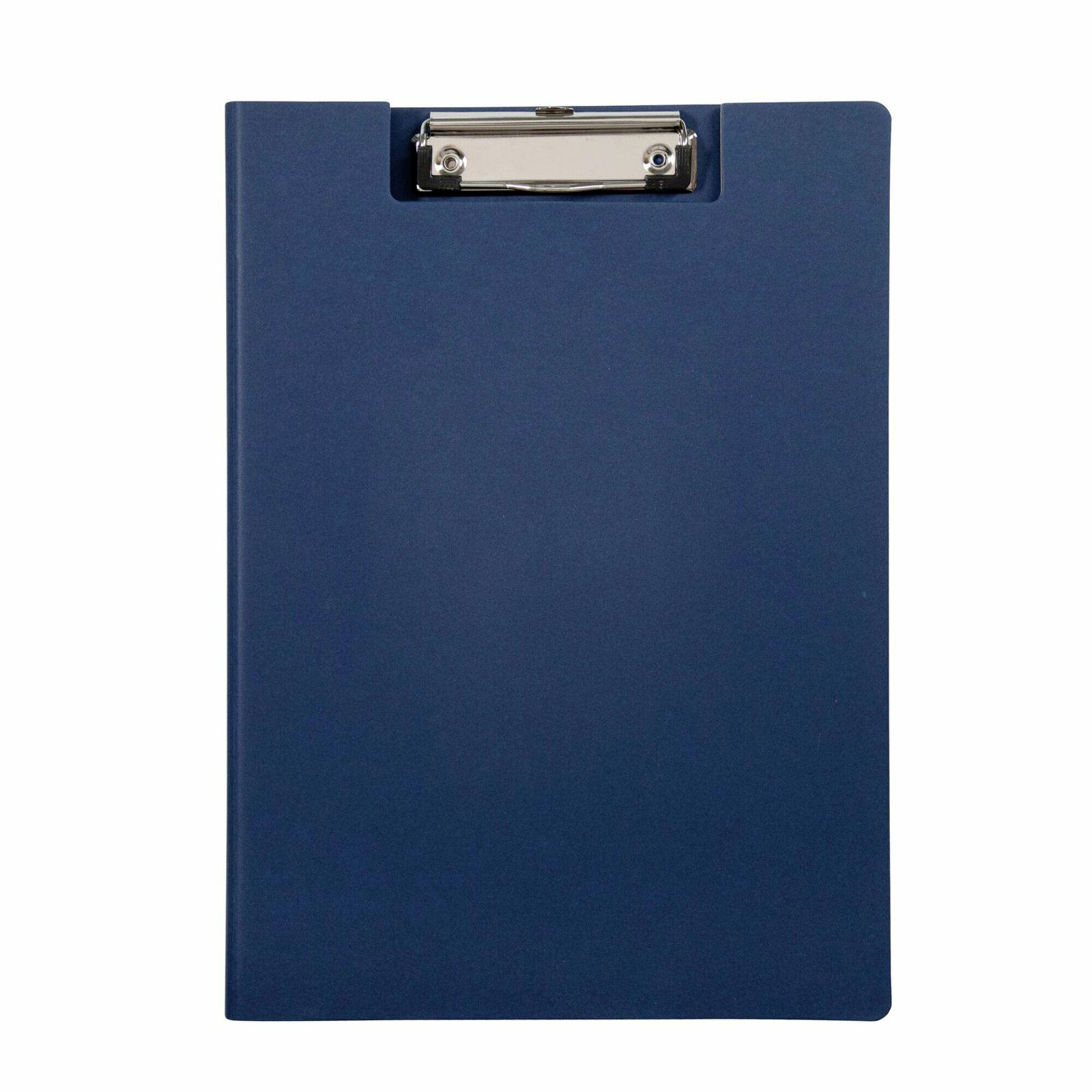Blaue Zwischenablage mit metallklammer auf weißem Hintergrund.