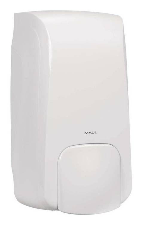 Weißer wandmontierter Spender mit abgerundetem Frontpanel und dem Markennamen „MAUL