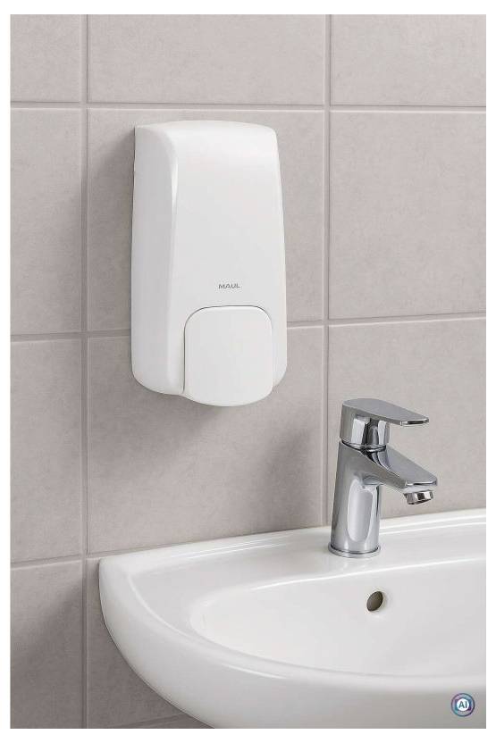 An der Wand montierter weißer Seifenspender über einem Badezimmerbecken mit Chromarmatur und gefliester Wand.