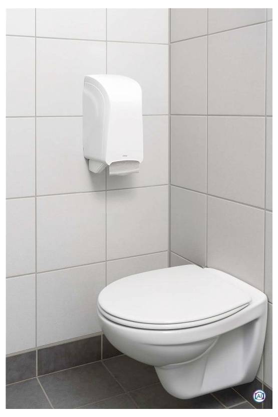 Ecke eines öffentlichen Badezimmers mit einem wandmontierten Toilettenpapierhalter über einer Toilette.