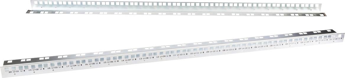 Zwei lange weiße Rack-Mount-Netzwerk-Switch-Geräte mit Reihen von Anschlüssen und Statusleuchten, auf weißem Hintergrund dargestellt.
