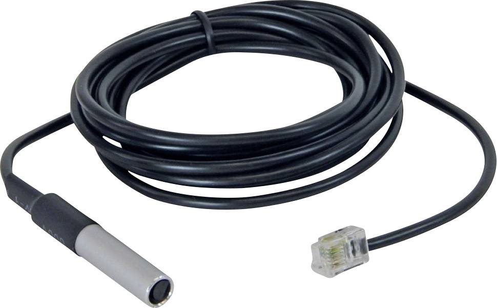 Aufgerolltes schwarzes Kabel mit einer metallischen zylindrischen Sonde an einem Ende und einem RJ45-ähnlichen Anschluss am anderen Ende, dargestellt auf weißem Hintergrund.