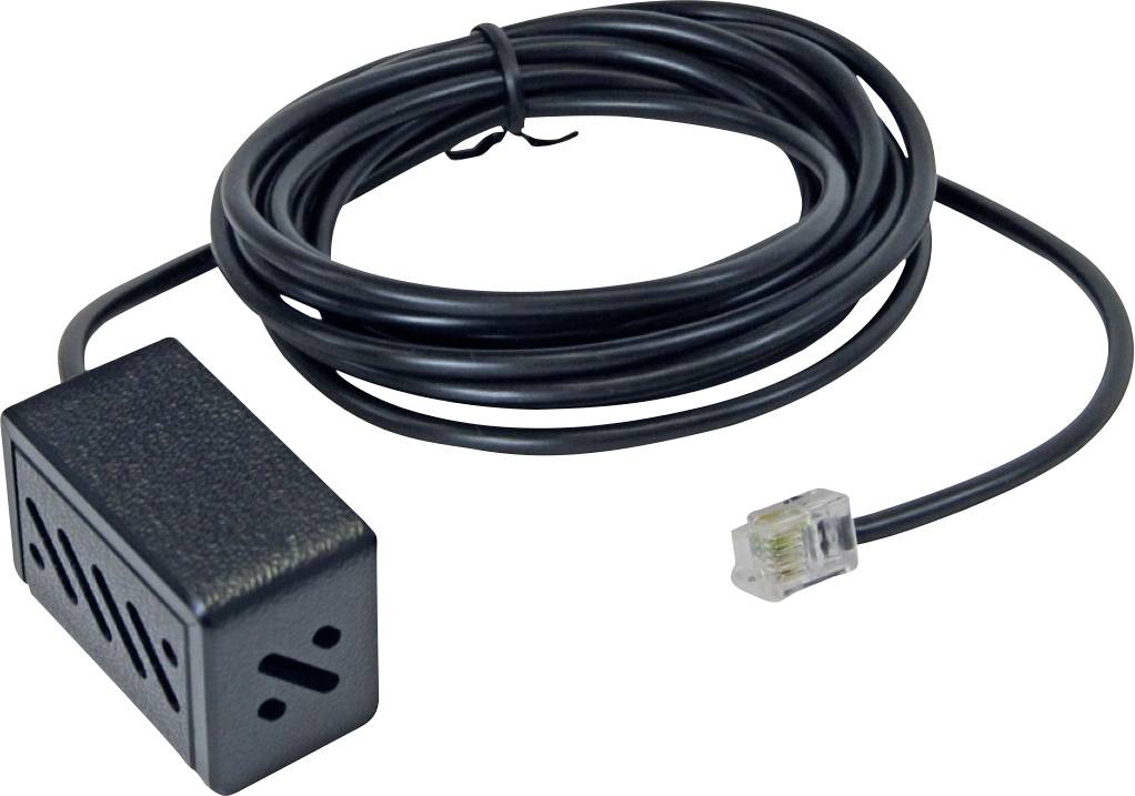 Schwarzer drahtgebundener externer Sensor mit Spiralkabel und RJ-ähnlichem Steckverbinder.