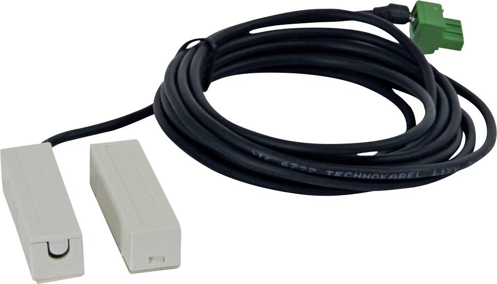Zweiteiliger kabelgebundener Sensor mit schwarzem Spiralkabel und grünem Stecker auf weißem Hintergrund.