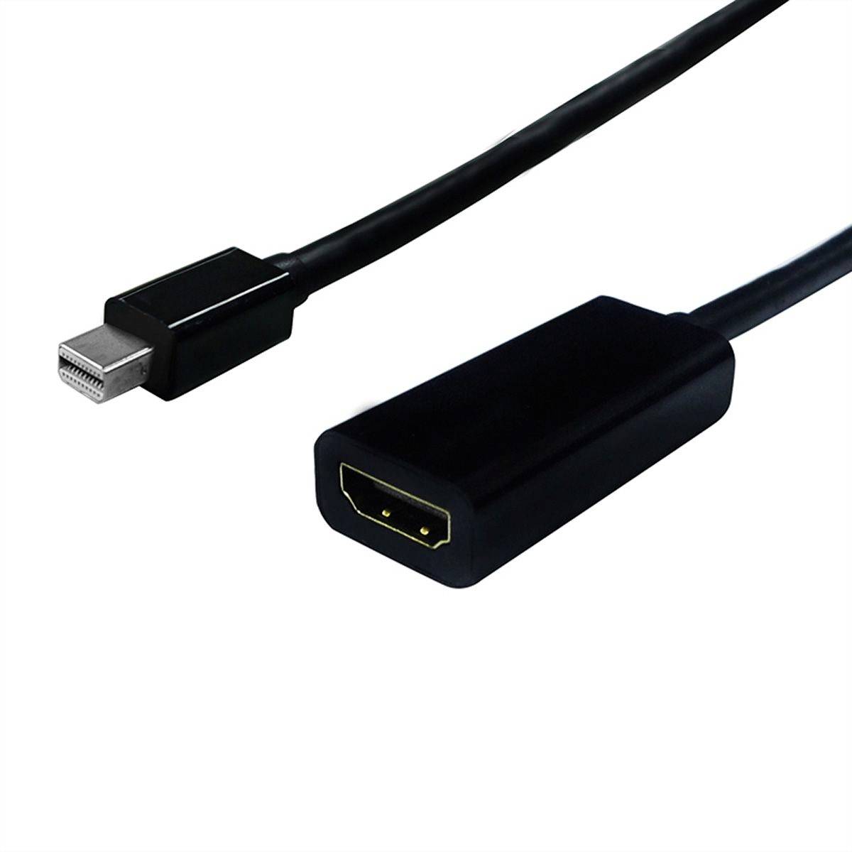 Schwarzes Kabel mit einem Mini-DisplayPort-Stecker und einem HDMI-Buchsenanschluss auf weißem Hintergrund.