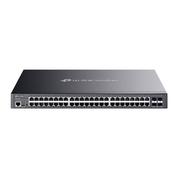 Vorderansicht eines TP-Link Rack-Netzwerk-Switches mit 48 Ethernet-Ports und zwei Uplink-Ports, gezeigt auf weißem Hintergrund.