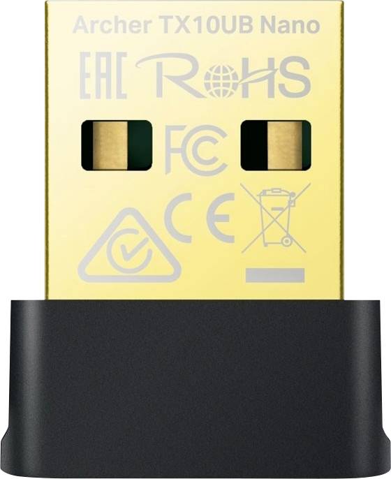 Gold TP-Link Archer TX10UB Nano USB-Adapter mit sichtbaren Zulassungslogos und schwarzer Kappe