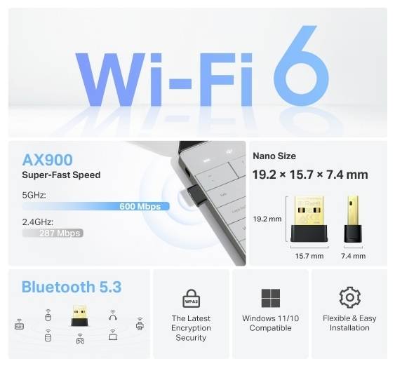 Werbe-Grafik für einen Wi-Fi 6 AX900 USB-Adapter mit folgenden Highlights: 600 Mbps auf 5GHz, 287 Mbps auf 2,4GHz, Nano-Größe, Bluetooth 5.3, WPA3-Sicherheit und Windows-Kompatibilität.