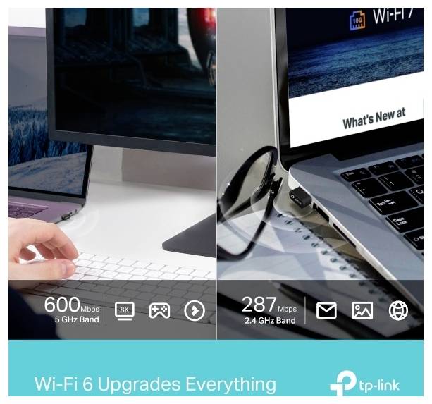 # TP-Link Wi-Fi 6 Anzeige**Geteilter Bildschirm:****Linke Seite - 5 GHz:**600 Mbps**Rechte Seite - 2,4 GHz:**287 Mbps**Zentral überlagerte Textzeile:**Wi-Fi 6 Verbessert Alles