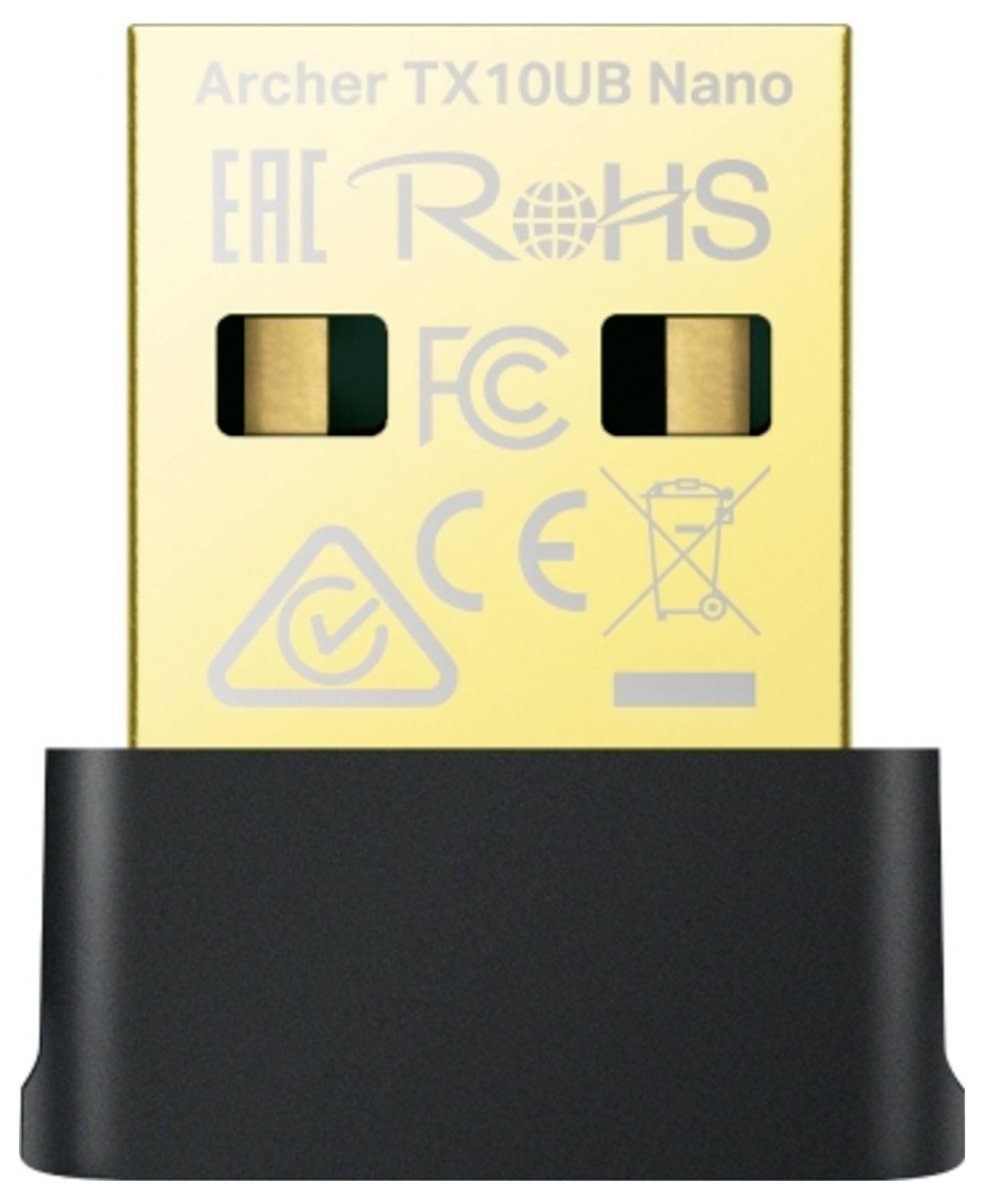 Gold Archer TX10UB Nano USB-Funkkarte mit schwarzer Kappe, zeigt Zertifizierungslogos und zwei freiliegende Steckkontakte.