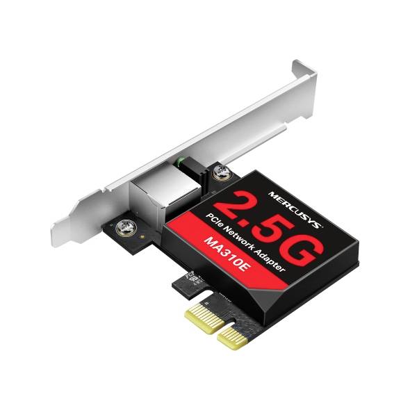 Mercusys 2.5G PCIe-Netzwerkadapterkarte mit Metallhalterung und vergoldeter Steckkantenkante.