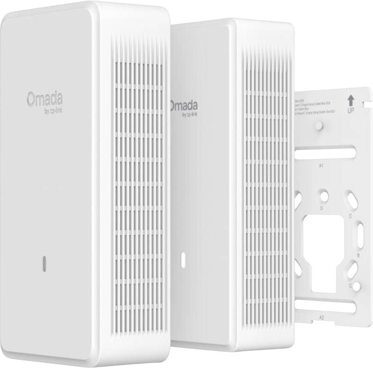 Weiße Omada von TP-Link Wand-Montage Wi-Fi Access Points, dargestellt mit einer Montageklammer.