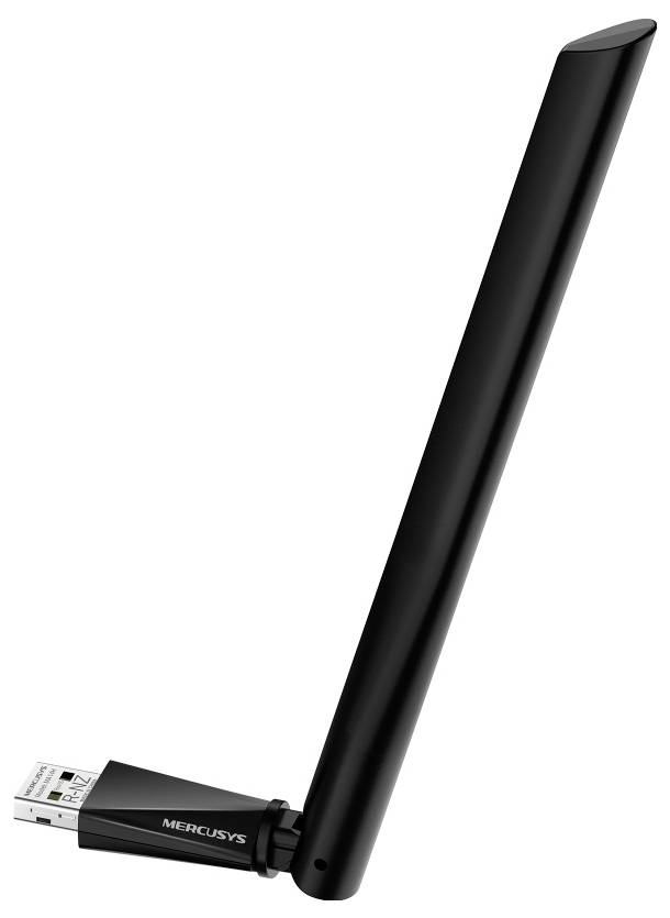Schwarzer Mercusys USB-WLAN-Adapter mit langer externer Antenne, auf weißem Hintergrund dargestellt.