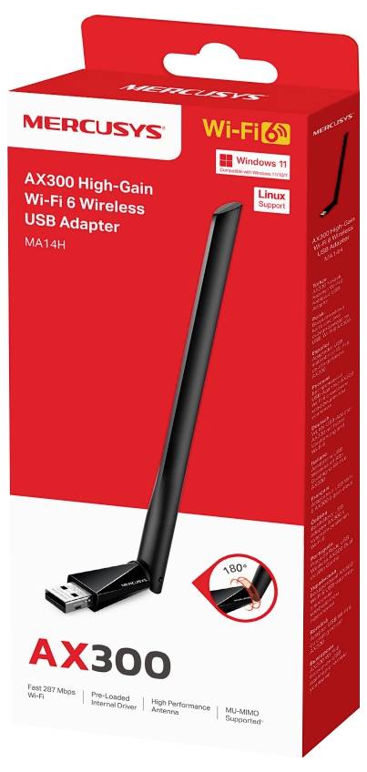 Mercusys AX300 High-Gain Wi-Fi 6 drahtloser USB-Adapter Verpackung, zeigt den Adapter, 180° verstellbare Antenne und Unterstützung für Windows 11/Linux.