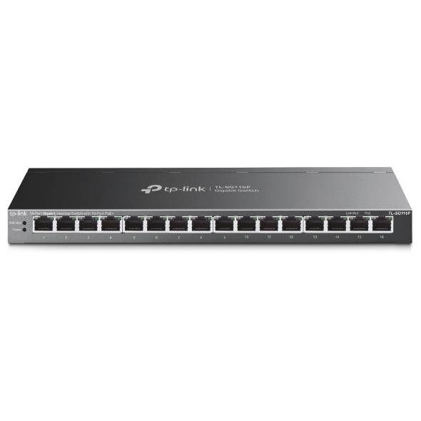 TP-Link 24-Port-Gigabit-Ethernet-Switch in Vorderansicht mit nummerierten Anschlüssen und Status-LEDs auf weißem Hintergrund.