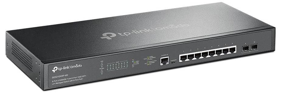 TP-Link Omada Ethernet-Schalter, gezeigt in geneigter Vorderansicht mit mehreren Netzwerkports und Status-LEDs auf einem grauen Metallgehäuse.