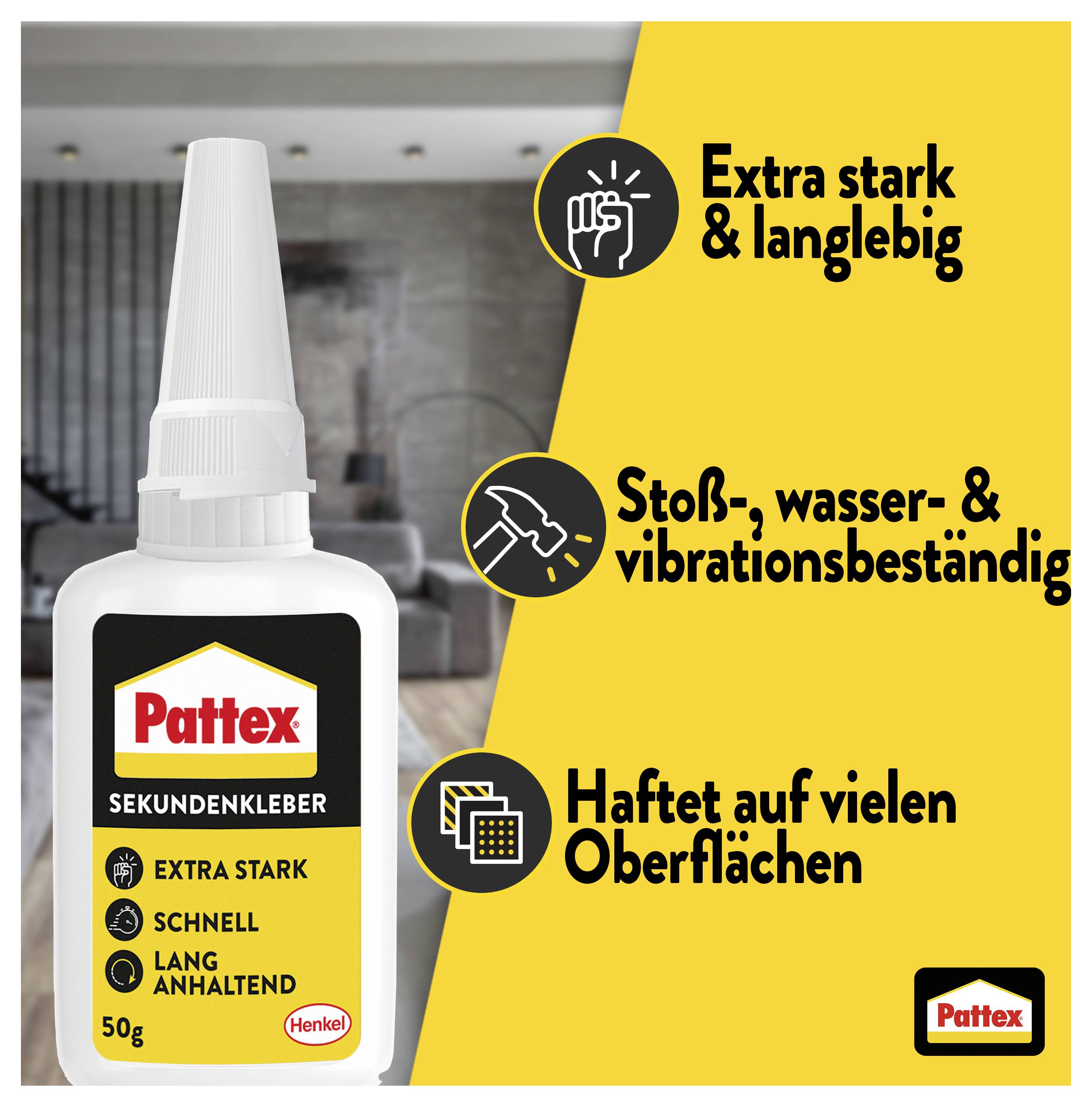 Produktbild einer Pattex-Sekundenkleberflasche mit Werbetext: 'Extra stark & langlebig', 'Stolz-, wasser- & vibrationsbeständig' und 'Haftet auf vielen Oberflächen'.