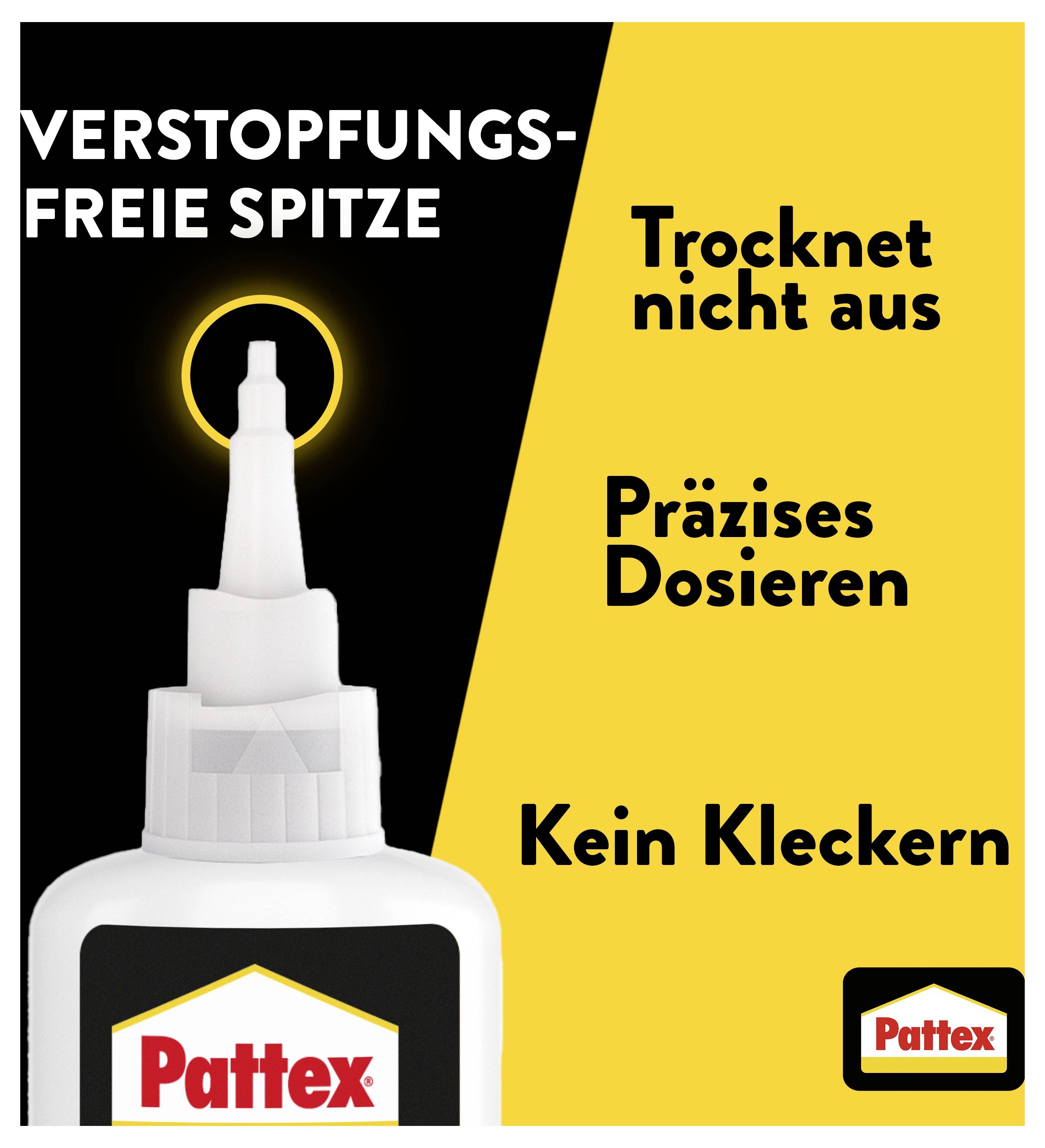 Werbegrafik für Pattex mit Applikatorspitze; hervorgehoben werden 'Verstopfungsfreie Spitze', 'Trocknet nicht aus', 'Präzises Dosieren' und 'Kein Kleckern'.