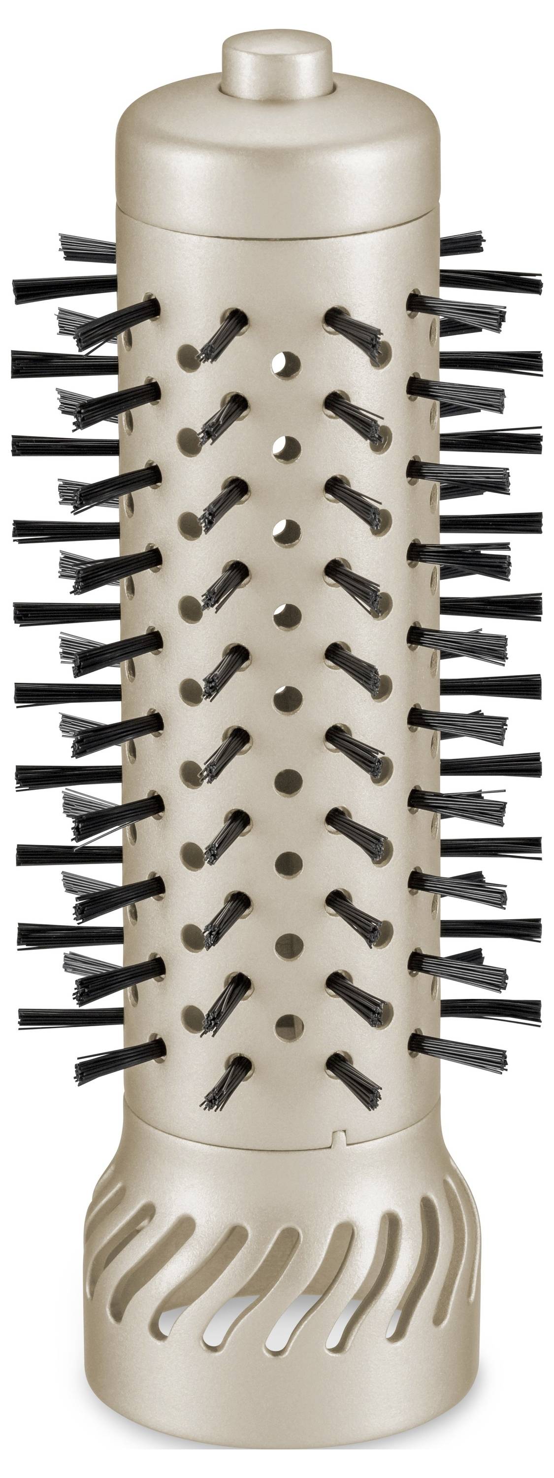 Zylindrische beige Haarbürste mit schwarzen Borsten, aufrecht auf weißem Hintergrund dargestellt.