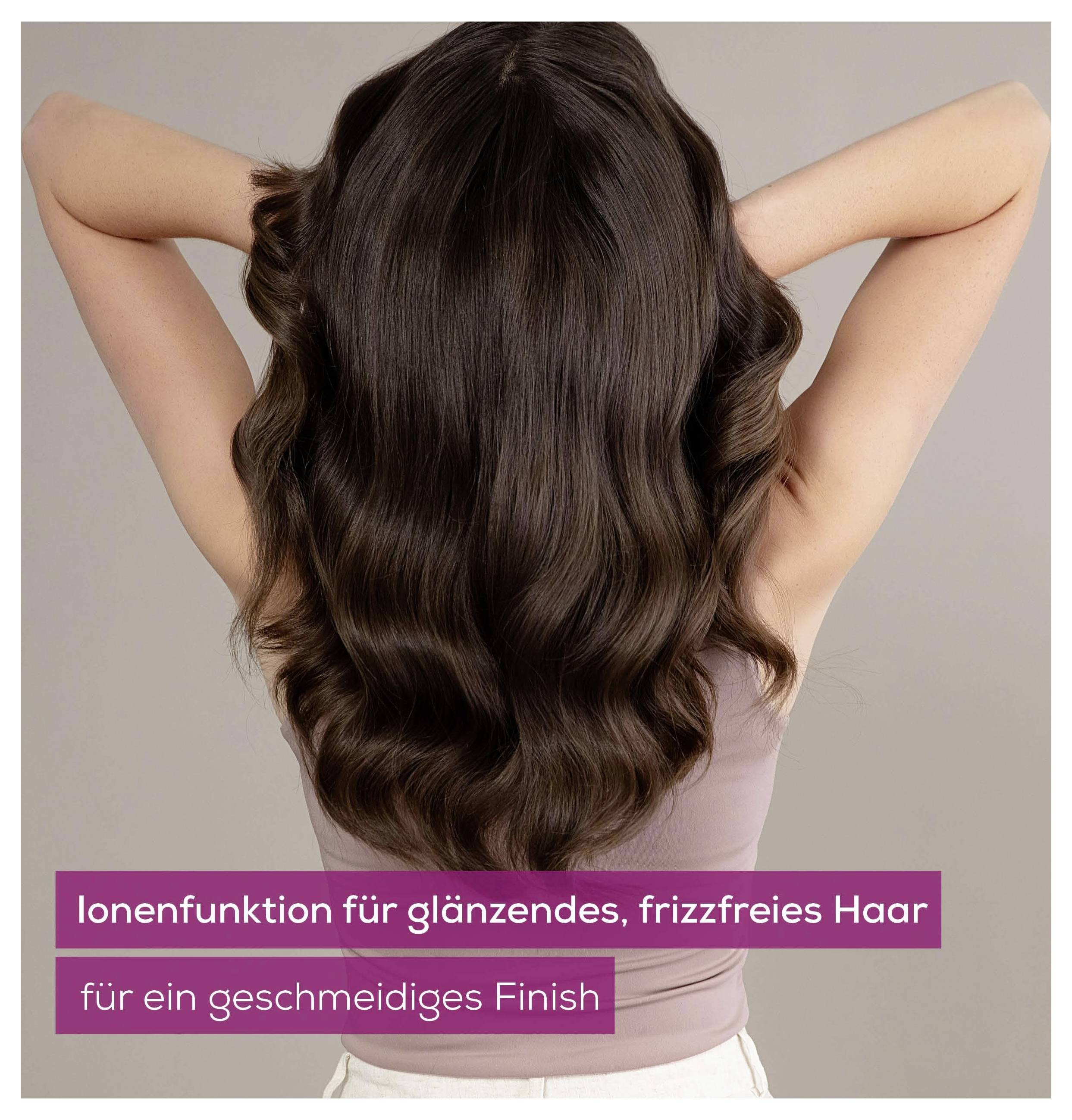 Rückansicht einer Frau mit langem, glänzendem braunem Haar; Text unten: 'Ionenfunktion für glänzendes, frizzfreies Haar' und 'für ein geschmeidiges Finish'.