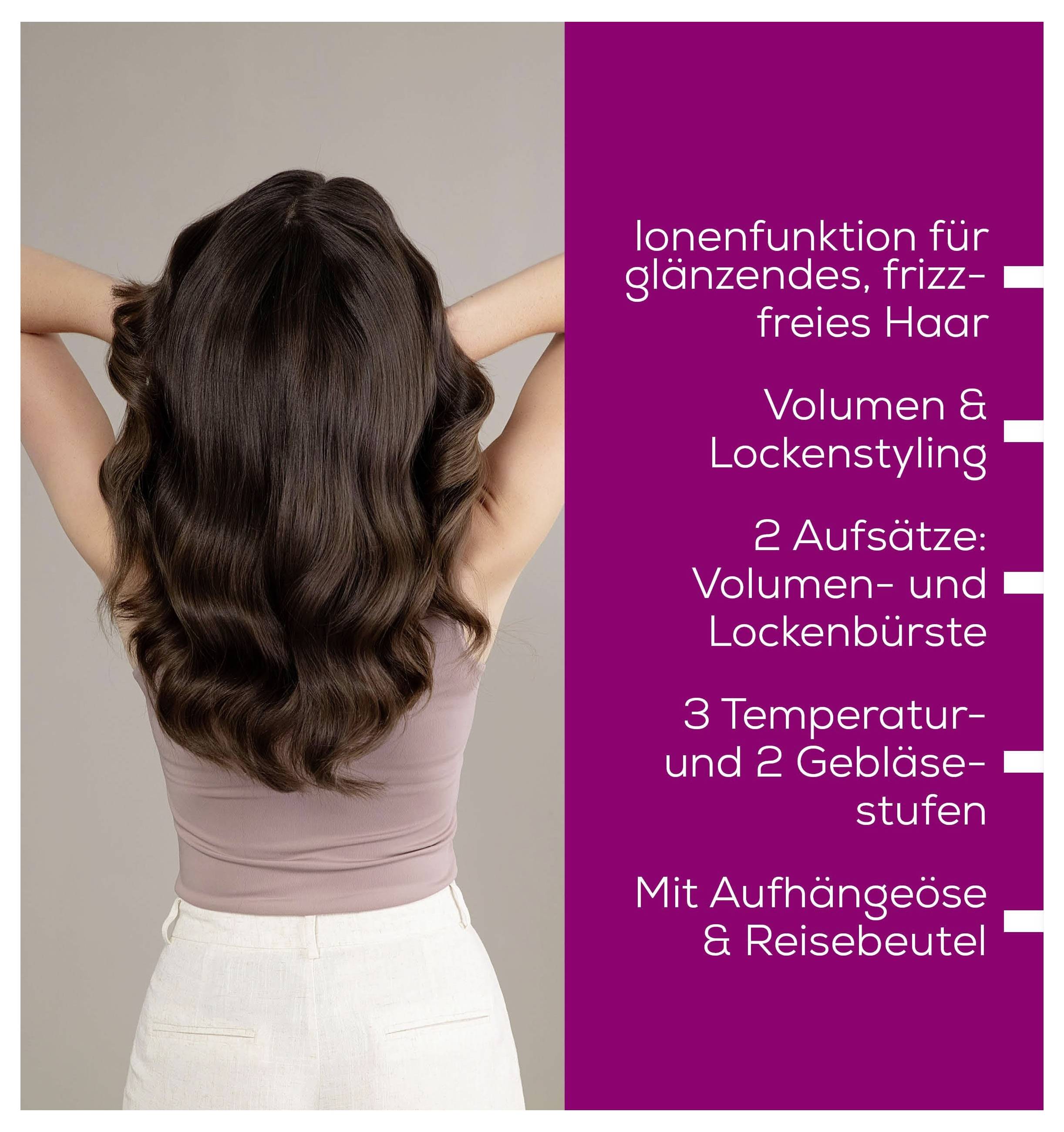 Werbegrafik mit Frau von hinten und glänzendem, gewelltem Haar; rechts die Produktmerkmale: Ionenfunktion, Volumen und Lockenstyling, 2 Aufsätze, 3 Temperatur- und 2 Gebläsestufen, Aufhängeöse und Reisebeutel.