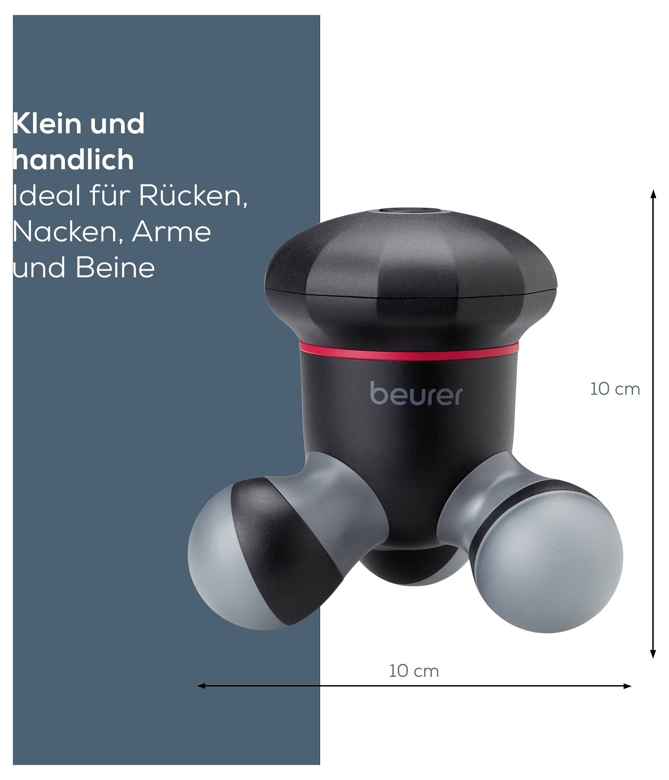 Massagegerät mit drei Kugelköpfen; Text: 'Klein und handlich', 'Ideal für Rücken, Nacken, Arme und Beine'; Größenangabe 10 cm.