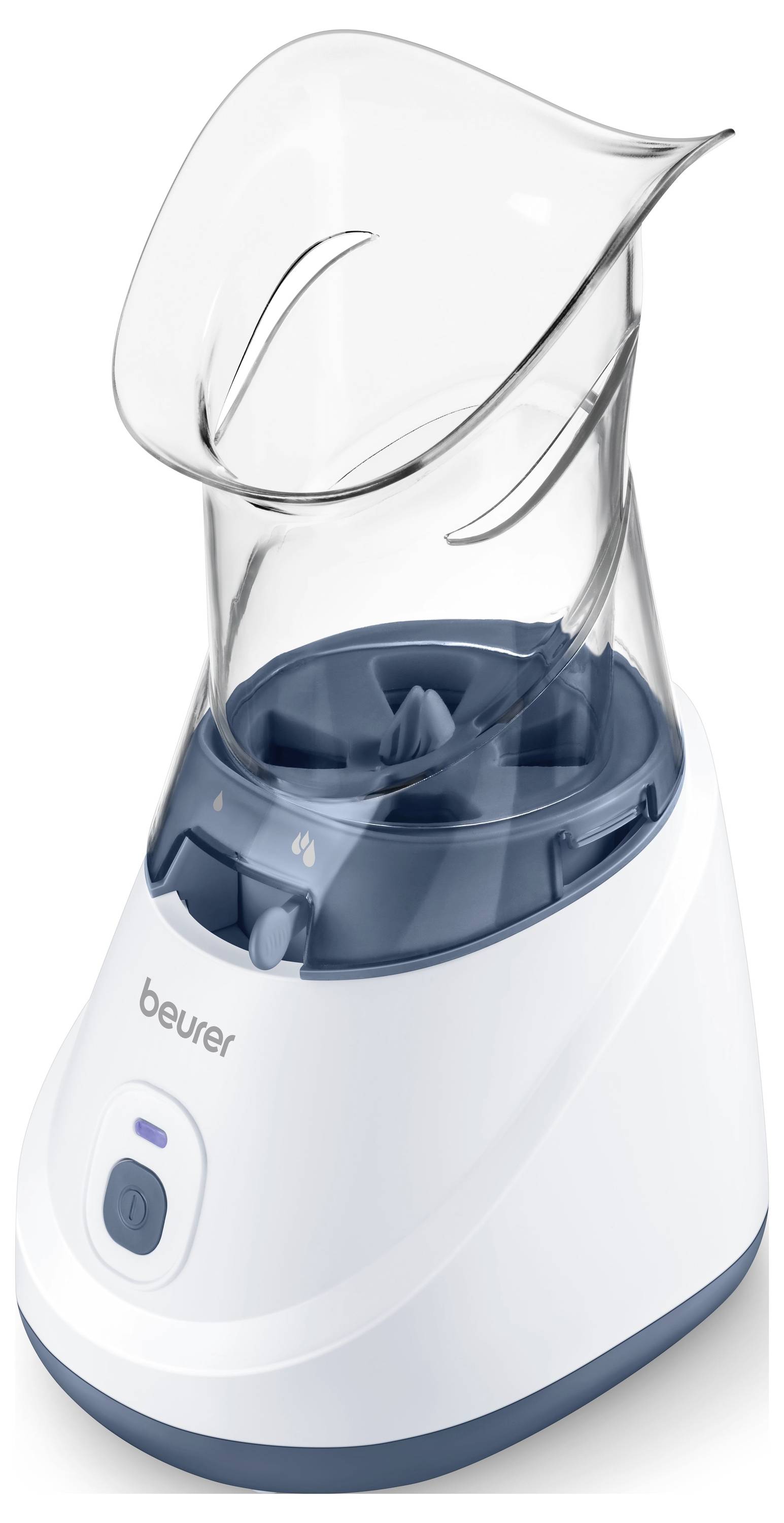 Beurer Gesichtssauna mit durchsichtigem Wassertank und weißer Basis, in der Produktansicht auf neutralem Hintergrund gezeigt.