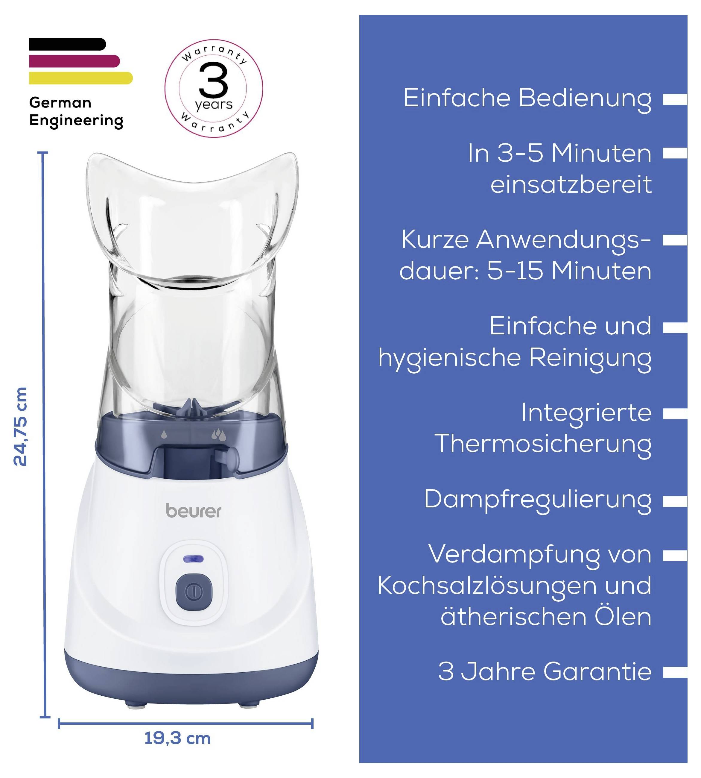 Produktabbildung eines Beurer-Inhalators mit Maßen 24,75 cm Höhe und 19,3 cm Breite; rechts stehen Merkmale wie einfache Bedienung, 3 Jahre Garantie und integrierte Thermosicherung.